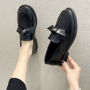 Korea Style Women Loafers Retro Thick-heeled Leather Shoes Women Boat Shoes Fashion Bow Loafers Women Shoes