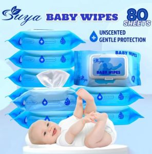 SUYA BABY WIPES UNSCENTED 80SHEETS WITH PORTABLE PACK HIGH QUALITY NO FLOURESCENT AGENT FOR BABY