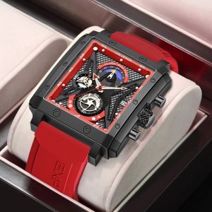 LIGE Original Watches For Men Luxury Hollow Square Sport Men Watch Fashion Silicone Strap Waterproof Quartz Watch + Box