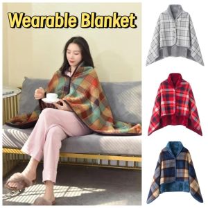 RGFV Plaid Wearable Blanket Fleece-lined Thicken Casual Office Blanket Multi-function Warm Home Shawl Blanket Outdoor Travel