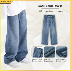 Quần jean quần bò nam nữ ống rộng SUN 95 XANH NHẠT nửa cạp chun phối đồ thoải mái theo phong cách hàn quốc