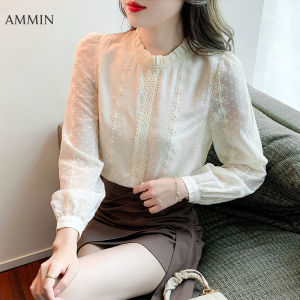 AMMIN 2022 new spring and autumn fashion pleated ruffle stitching round neck embroidery crochet elegant blouse women Korean style long-sleeved lace stitching sweet chiffon shirt chic ins tops