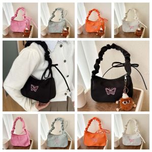 XUNXUAN ที่จับแบบย่น กระเป๋าสะพายไหล่ผีเสื้อผูกโบว์ งานปัก อ๊อกซ์ฟอร์ด กระเป๋าใต้วงแขนครึ่งดวงจันทร์ หวานหวานแหววว สไตล์เกาหลีแบบ กระเป๋าผ้าไนลอนผูกโบว์ หญิง/หญิง