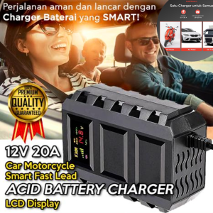 BERGARANSI Taffware Casan Cas Charger Aki motor dan Mobil 12 24 volt otomatis kering basah 20A LCD