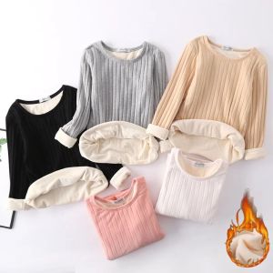 Ready stock）Winter Thickened Velvet Bottoming Shirt for Women Striped Cotton Thermal Underwear Warm Suspender Long-sleeved Top Bottoming Comfortable Pajamas