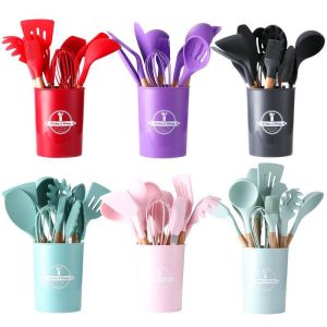12 PCS Silicone Kitchen Utensil Set Natural plastic handle Non-stick Cooking Shovel Kitchen Tool