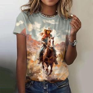[Local Stock] ZEEMIN Western Cowgirl T-Shirts 3D Print Womens Fashion O-Neck Short Sleeves Vintage T Shirt Y2k Harajuku Tees Tops Female Clothing