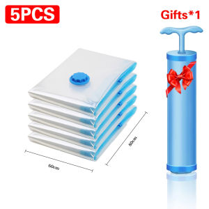 Fypo 5Pcs Vacuum Storage Bags with pump Space Saver Bag Vacuume Pack Storage Bag for Clothes Storage Reusable Bags Double Zip Seal organizer bags