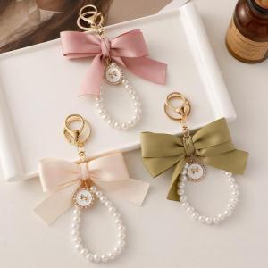 Sweet Bow Imitation Pearl Chain Keychains Fashion Round Bowknot Keyrings Handbag Pendant Car Key Holder Accessories Gifts