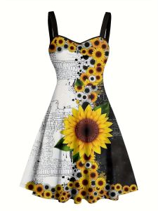 2026 New summer sundress with floral sunflower skull and rose prints A A-line skirt vacation style