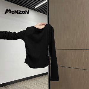 Round Neck Side Ruched Slimming Long Sleeve T Womens Early Autumn Shirt with Curved Hem Slim Fit Waist-Cinching Unique Sweet and Spicy Top