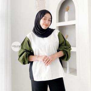 YUKKA BLOUSE - FLOTTILICIOUS / Kemeja Oversize Linen Wanita 3 Tone Casual / Atasan Top Hijab / Big size Lengan Balon / Korean Style