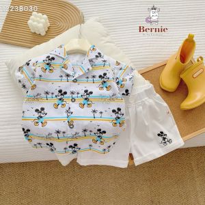 Set sơ mi set bộ bé trai Mickey phối quần short thêu đi chơi đi biển sành điệu 1 đến 7 tuổi BERNIE 1223B030