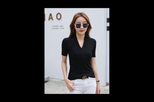 2025Womens Short Sleeve T-Shirt V-Neck Tee Slim Elastic Blouse8/27