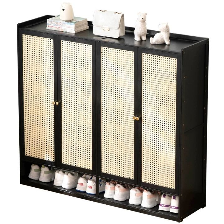 Shoe Rack Rattan Large Shoe Cabinet Rattan Door Multi-Layer Large Capacity Shoe Rack French ...