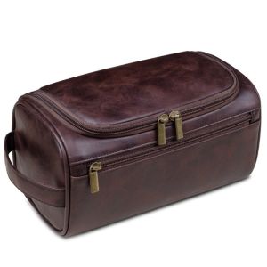 JOMEY PU Leather Men Toiletry Bag Waterproof With Handle Makeup Bag Multi Functional with Hanging Hook Makeup Pouch Women