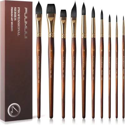 10Pcs Fuumuui Professional Watercolor Brushes Synthetic Squirrel Hair Brush Set Variety Shapes with Round Pointed Flat Cats Tongue Dagger for Watercolor Acrylic Gouache Inks Painting