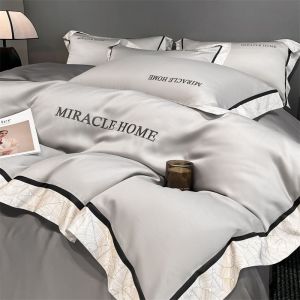 Bedding four-piece set light luxury washed ice silk embroidered bed four-piece set sleeping naked simple silky smooth quilt cover four-piece bed sheet set. (bed sheet * 1 quilt cover * 1 pillowcase * 2)