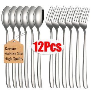 12Pcs Korean Style Cutlery Flatware Set / Thick Stainless Steel Dining Spoon and Fork / Long Handle Forks Spoons / Food-Grade Dinnerware Set