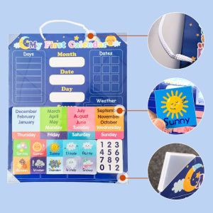 Fridge Magic Magnetic My First Learning Calendar Board with Hanging Loop Move Magnets Daily To Show Day Date Month Season Weather Preschool Learning Toys Wall Chart Sticker Early English Educational Learning Materials for Kids Toddler Chidlren Toy Gifts