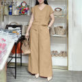 ZANZEA Women Two-piece Outfits Raglan Sleeve V-Neck Button Up Shirt Wide Leg Long Trousers Solid Elegant Sets #0407. 