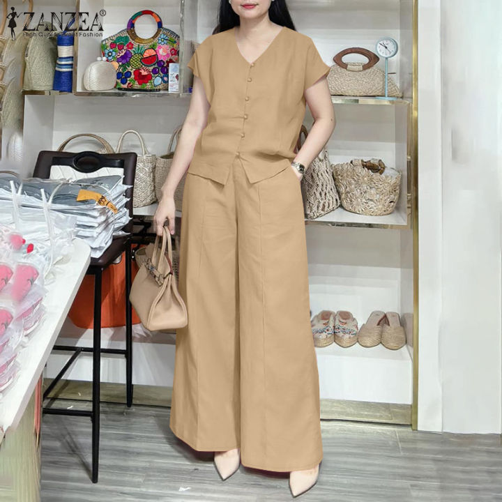 ZANZEA%20Women%20Two-piece%20Outfits%20Raglan%20Sleeve%20V-Neck%20Button%20Up%20Shirt%20Wide%20Leg%20Long%20Trousers%20Solid%20Elegant%20Sets%20#0407%20-%20Image%202