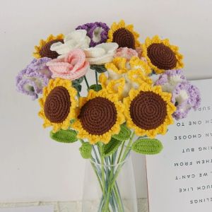 NCNC(okdeals01) valentines day gift for girlfriend 情人节礼物 Delicate Creative Solid Color Valentines Gift Wedding Gift Party Decoration Finished Product Decorate House DIY Knited Flower Vase Ornament Sunflower Bouquet Table Fake Flowers