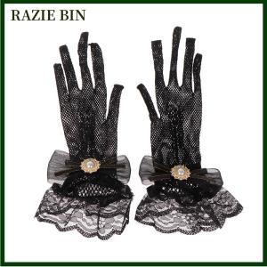 RAZIE BIN ถุงมือลูกไม้ตาข่ายโลลิต้าสำหรับเด็กผู้หญิงถุงมือลูกไม้สีดำสีขาวเครื่องประดับคอสเพลย์แขนลูกไม้โลลิต้า