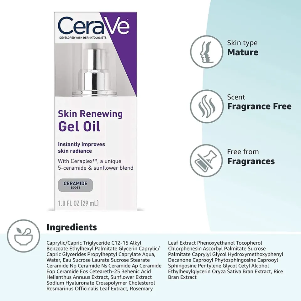 CeraVe Skin Renewing Gel Oil Face Moisturizer Fragrance Free Anti Aging Gel Serum for Face to Boost Hydration 29ml