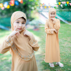 ชุดเดรสเด็กมุสลิมพร้อมผ้าคลุมฮิญาบ ชุดผู้หญิงอิสลาม ดีเทลปักเพชรรีดสุดอลังผ้าไอทีวาย สไตล์ตุรกีทรงสวยหรู GC34วาริสมุสลิม