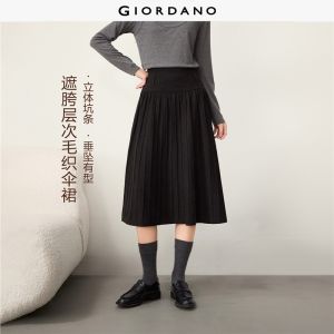 GIORDANO Women Skirts Vertical Texture Knit Skirts Elastic Waist A-Line Fashionable Casual Midi Skirts 13466667