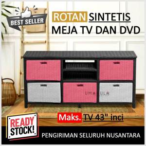Rak Lemari Meja TV 43 inci Rotan Sintetis 5 Laci Buffet Bufet Ruang Tamu Serbaguna Minimalis Murah