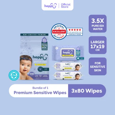 Hoppi Premium Sensitive Wipes [German Dermatologically Tested] with Halal Certified (80 Wipes x 3 Packs)