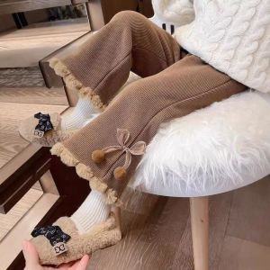 TUmama กางเกงขาบานน่ารักสำหรับเด็กผู้หญิงประดับพู่และโบว์สไตล์ผ้าลูกฟูกแสนสบายสำหรับฤดูใบไม้ร่วงและฤดูหนาว