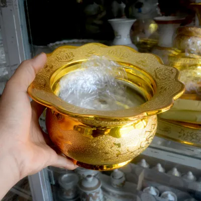 Lư hương thờ cúng kim sa vàng-có khay hứng tàn nhang-Nhiều cỡ