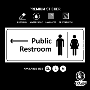 Toilet Public Restroom Arrow Direction. No Smoking. Keep Toilet Clean. Premium Sticker Sign Signage. White Blue Black.