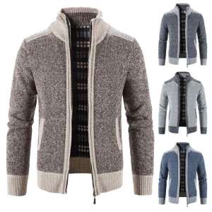 Mens Casual Cardigan Sweater Contrast Brown Zipper Fleece Outwear Thick Autumn Winter Warm Jacket Male Sweaters Coat