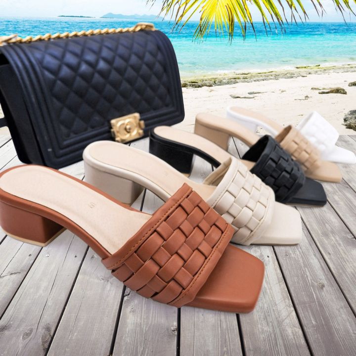 R&A532 Peep Toe with One Woven Vegan Leather Toe Strap in Block  Heels Slides Slip On (Standard Fit) Lazada PH