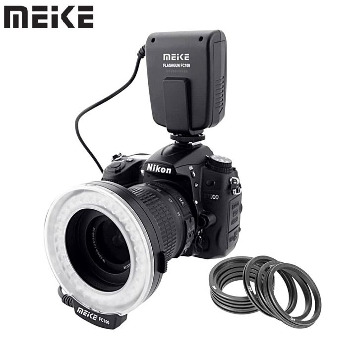 Meike FC-100 Macro LED Ring Flash Bundle With 8 Adapter Ring For Canon Nikon Pentax Olympus Panasonic DSLR Camera Flash V HD130