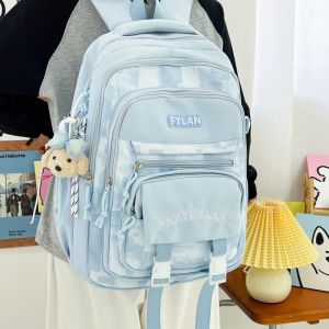 AE Korean-style backpack for middle school students high school girls stylish color-blocking college-style multi-compartment plaid backpack