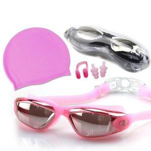 Swim Goggles + Swim Cap + Nose Clip + Ear Plugs Clear Swimming Goggles Coated Lens No Leaking Anti Fog UV Protection for Adult Men Women Youth