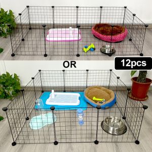Pet New Land .DIY Metal Dog Cage Stackable Pet Cat Rabbit Cage Pet Black Frame Steel Metal Wire Kennel Extendable Pet Fence for Indoor and outdoor