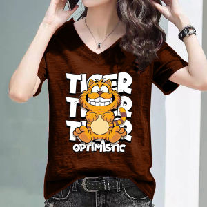 M-6XL 10สี เสื้อยืดแฟชั่นเกาหลี เสือ คอวี T-shirt TIGER for women Cotton100% High quality รุ่น C460