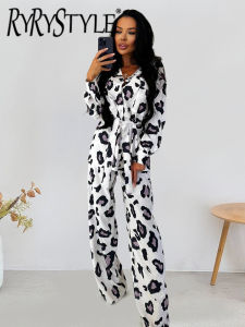 Fashion Print Long Pants Sets Nightwears 2 Pieces For Women Elegant Long Sleeve Lace-Up Shirts Leopard Loose Pants Pajamas