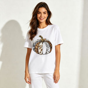 Patchwork Leopard Cow Print Pumpkin T Shirt Women Vintage Western Fall Art Print Cotton Crew Neck Casual Short Sleeve Top