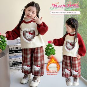 TUmama Dễ thương Hello Kitty kẻ sọc thiết lập cho thu đông cho bé gái ấm dày hai mảnh trang phục