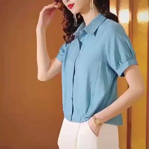 Jualan Panas@LUCKIN STORE Blouses For Women Summer Top Womens Solid Cotton Linen Top New Womens Short Sleeve Casual Shirt Plus Size