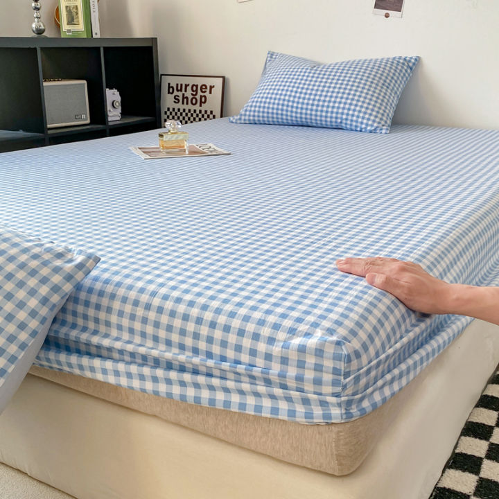Canadian Cotton Fitted Bedsheet Small Grid Fittedsheet For Single Queen