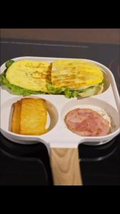 🥞Multifunctional Breakfast Frying Pan 3 Compartment Non-Stick Egg Pancake Grill Pan Wooden Handle