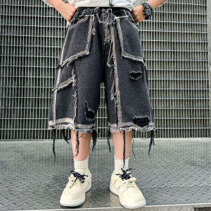 2026 New Summer Kids Ripped Hole Broken Black Denim Shorts Tweens Boy Casual Straight Jeans Shorts For Child Age 5 6 8 10 12 14T H260702